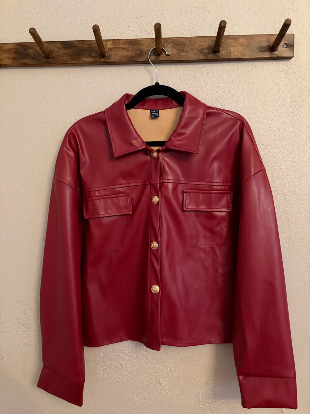 SHEIN Red Faux Leather Button-Down Jacket